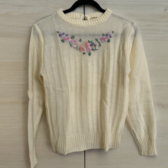 Vintage 60s 70s Dayne Taylor Vintage Floral Embroidered Crew Neck Knit Sweater - Picture 1 of 7